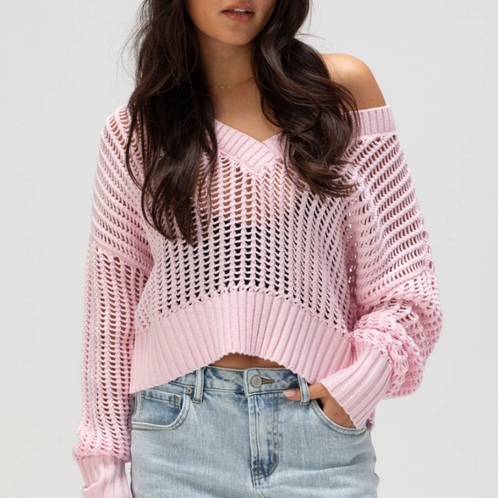RSQ Womens Box Stitch V-Neck Sweater Pink Size Medium‎ Chunky